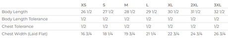Measurement chart for body dimensions with labeled sizes and tolerances.