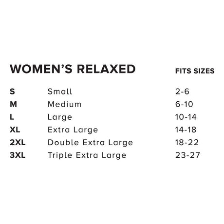 Size chart for women's relaxed fit clothing bella canvas 6400 on a white background