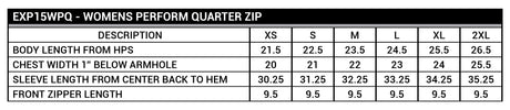 Size chart for women's perform quarter zip clothing with measurements in inches.