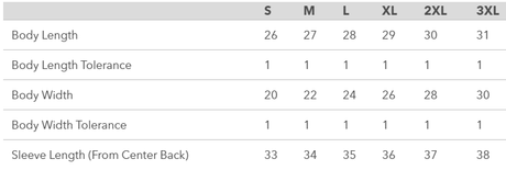 Measurement chart for clothing sizes S to 3XL with body length, width, and sleeve length dimensions.