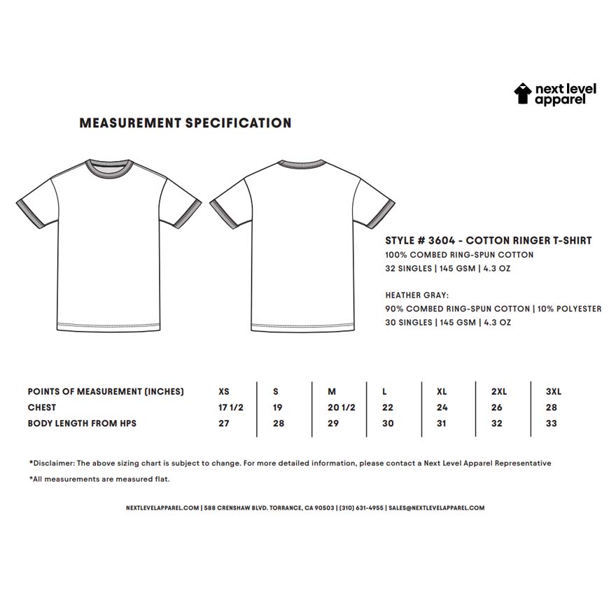 Measurement specification chart for 3604 cotton ringer t-shirt with Next Level Apparel branding.