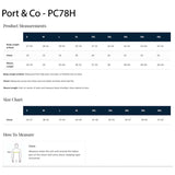 Port & Co. size chart for PC78H product with measurements and how-to-measure guide.