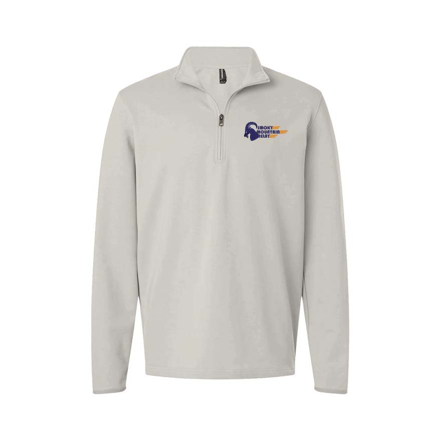 Light gray half-zip pullover with a Smoky Mountain Relay speed ram logo on the chest against a white background