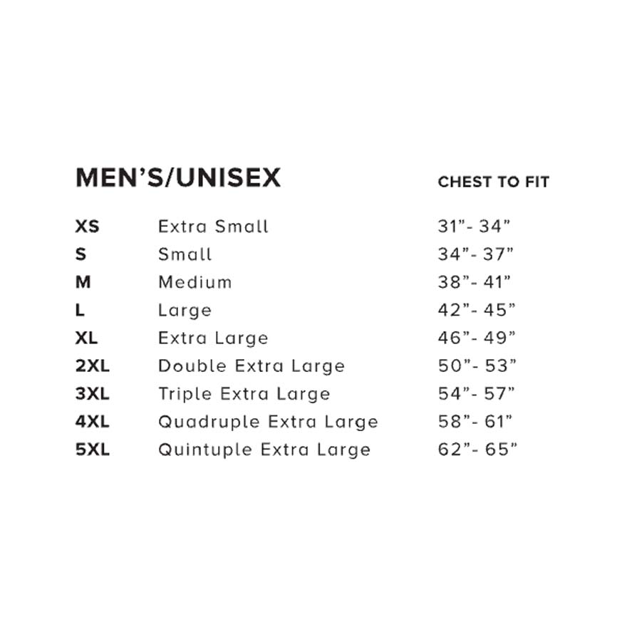 Men's/unisex size chart for chest measurement on a white background