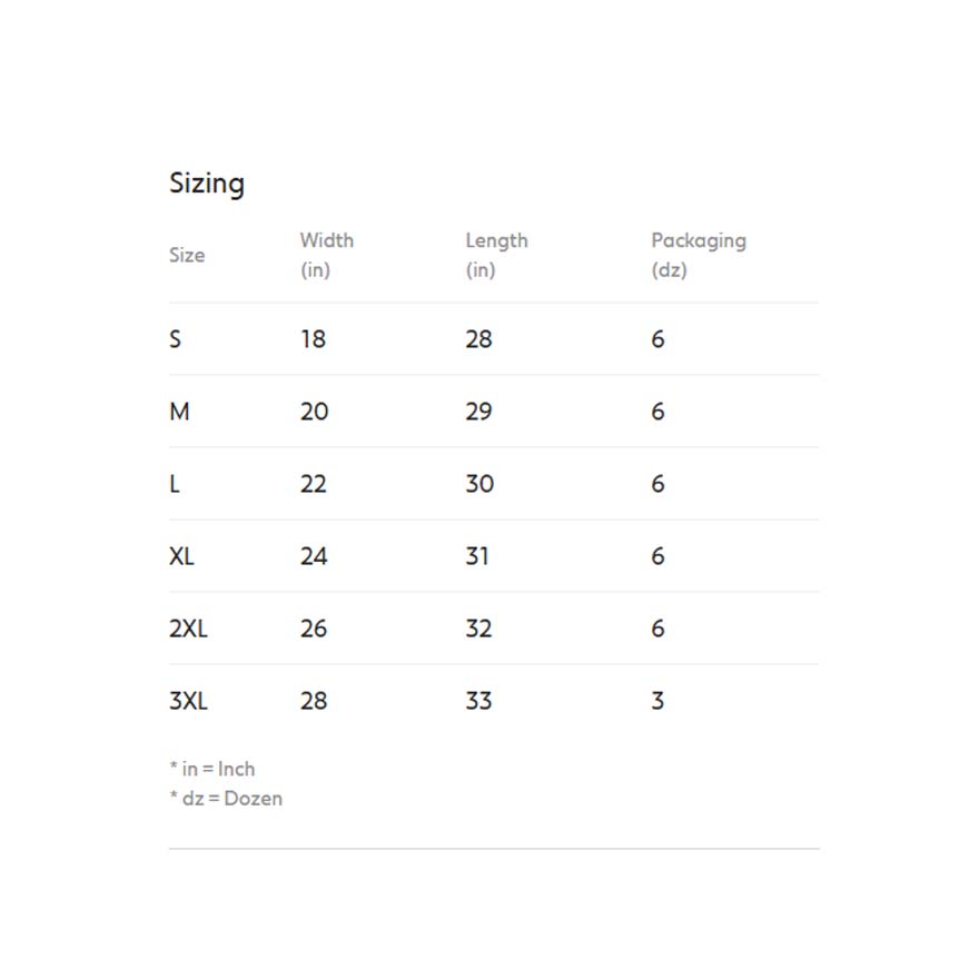 Sizing chart for product dimensions and packaging quantities.
