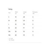 Sizing chart for product dimensions and packaging quantities.