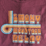 Maroon t-shirt with 'Smoky Mountain Relay' graphic design