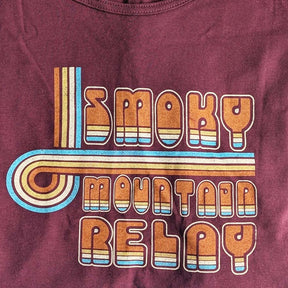 Maroon t-shirt with 'Smoky Mountain Relay' graphic design