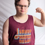 Person wearing a maroon tank top with colorful 'Smoky Mountain Relay' text design, flexing their arm.
