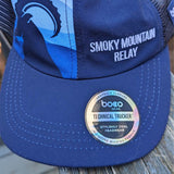 Blue cap with 'Smoky Mountain Relay' text and BOCO Gear label on a wooden surface