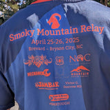 Blue t-shirt with 'Smoky Mountain Relay' event details and sponsor logos on the back.